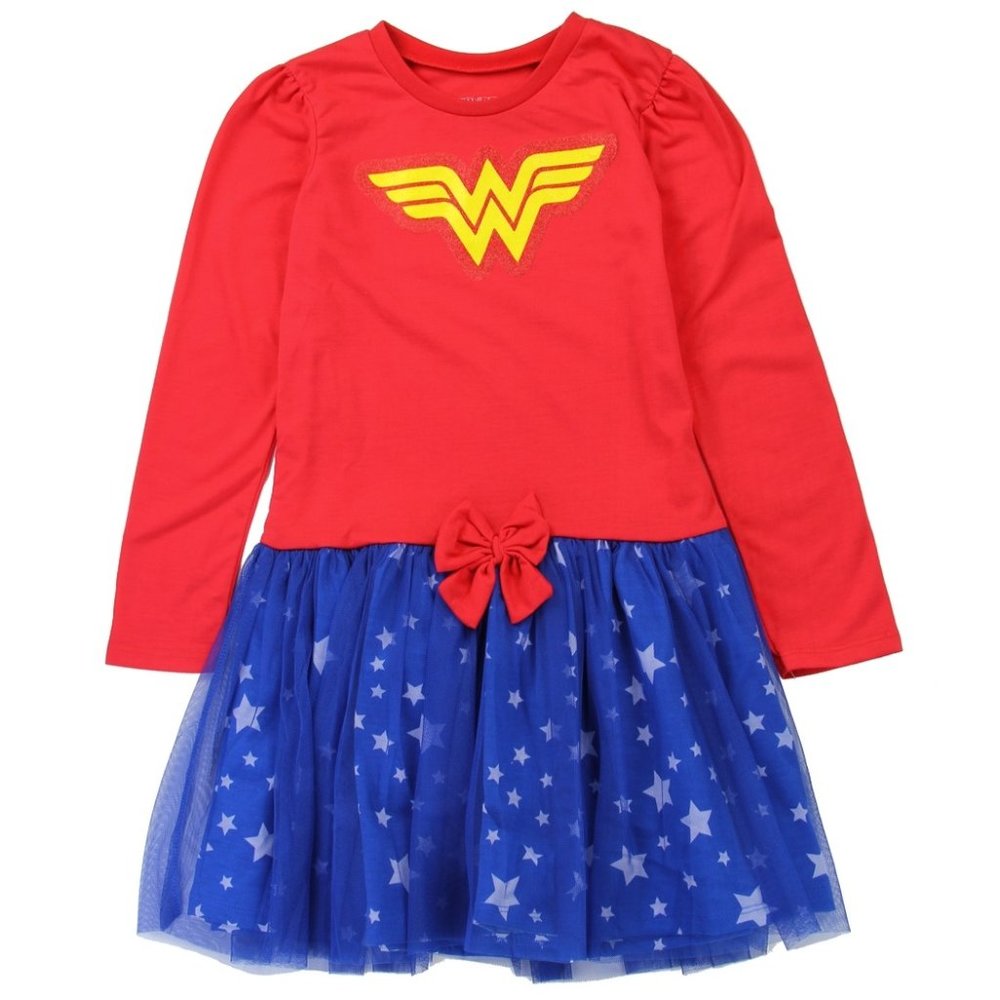 Wonder Woman Toddler Dress Girls Long Sleeve Skirt Fit and Flare Red Blue 2T
